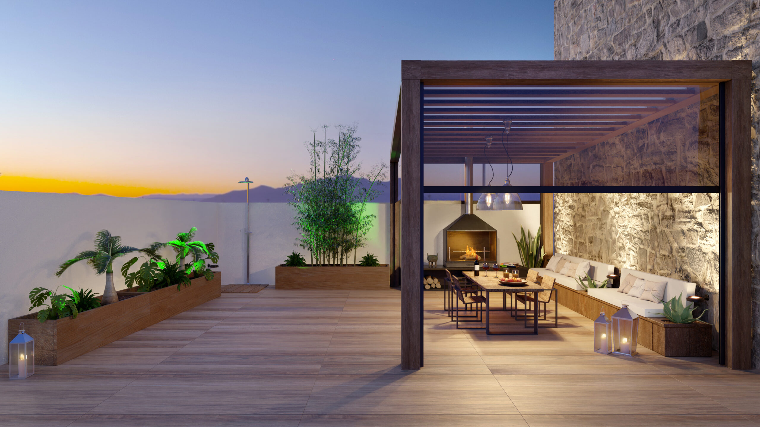 3D render of urban terrace with cozy fireplace at dawn.