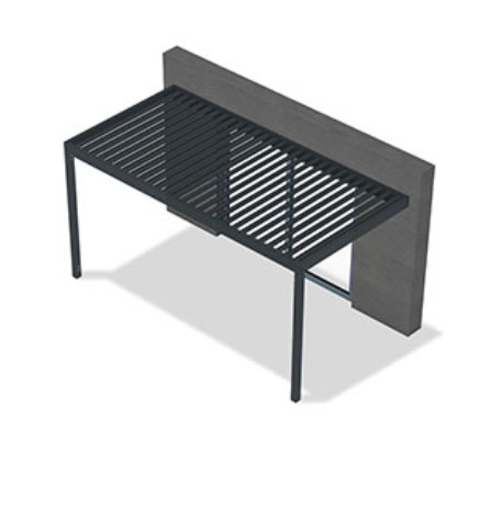 Modernes, wandmontiertes Überdachungssystem mit verstellbaren Lamellen aus Aluminium oder Holz. Bietet flexible Kontrolle über Lichteinfall und Belüftung im Außenbereich. Schützt vor Sonne, Regen und anderen Witterungseinflüssen, während es zugleich zeitgemäßes Design und Funktionalität bietet