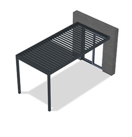 Modernes, wandmontiertes Überdachungssystem mit verstellbaren Lamellen aus Aluminium oder Holz. Bietet flexible Kontrolle über Lichteinfall und Belüftung im Außenbereich. Schützt vor Sonne, Regen und anderen Witterungseinflüssen, während es zugleich zeitgemäßes Design und Funktionalität bietet